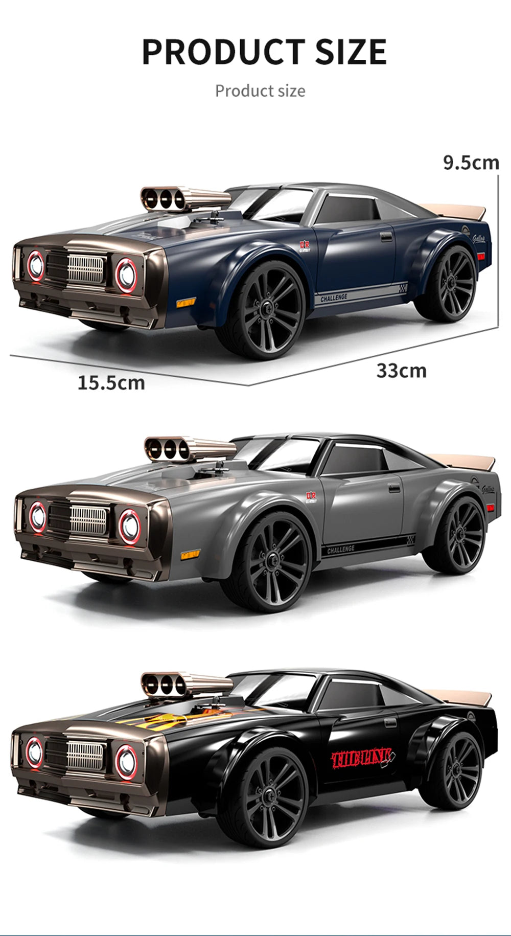 1:16 Scale 50KM/H RC Muscle Car – 4WD High-Speed Drift Racer with LED Lights for Kids