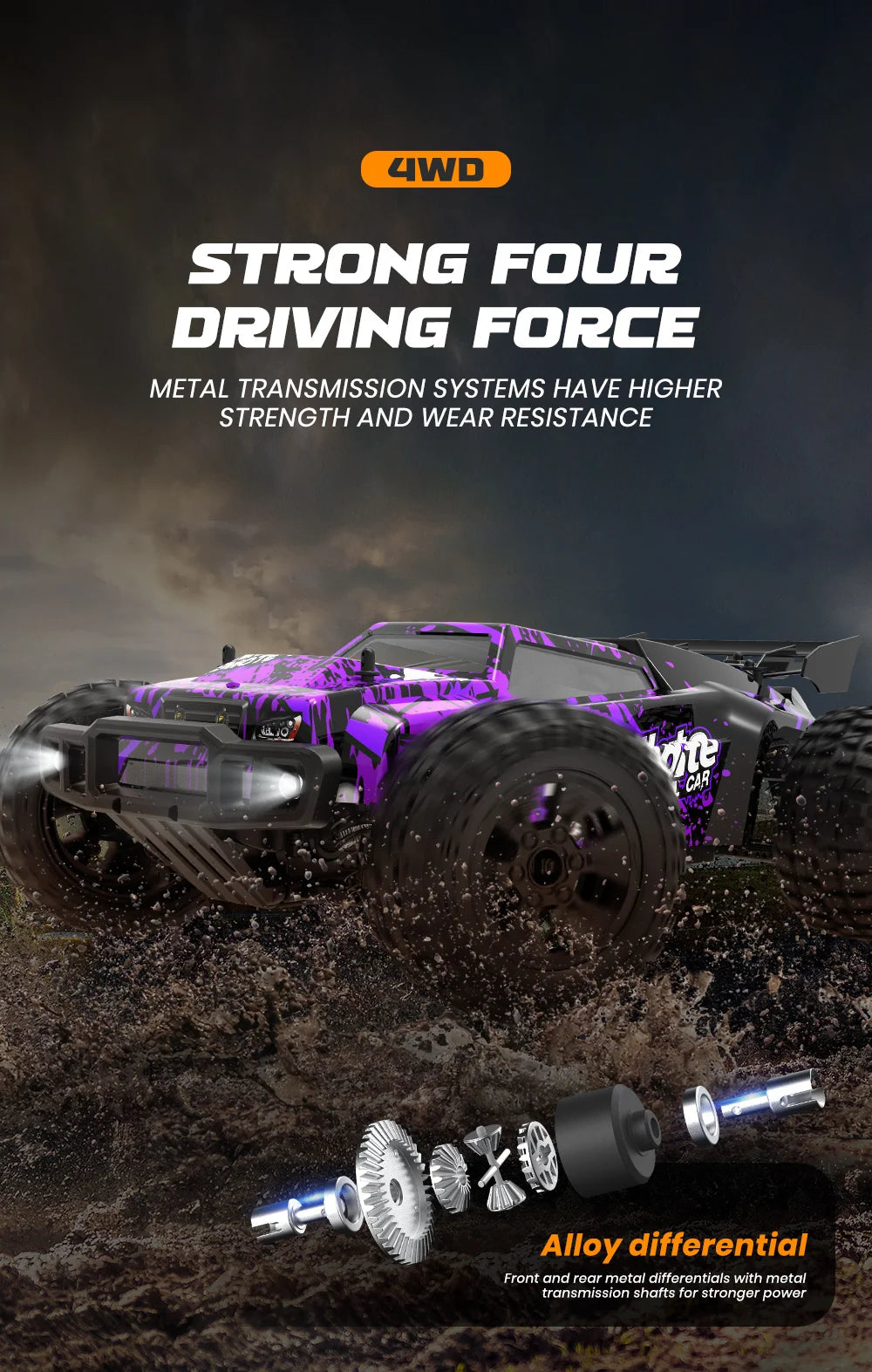 EONZE 9204E 1:10 RC Car – 48KM/H 4WD Drift Monster Truck with LED Lights and Hydraulic Shock Absorbers for Kids