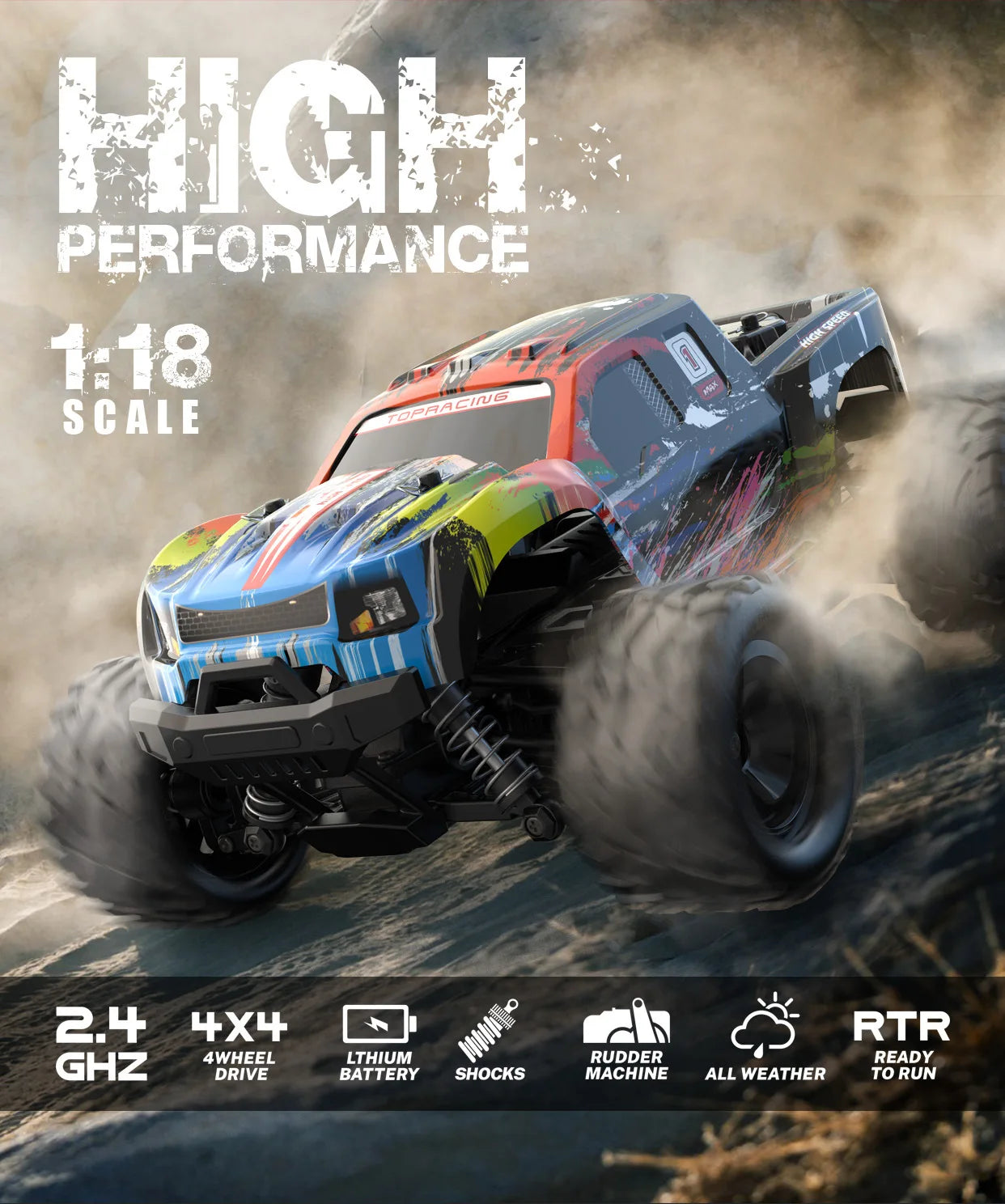 1/18 Scale RC Monster Trucks – 4WD Off-Road with 38KM/H High Speed and 2.4 GHz Remote Control All-Terrain Car Toys