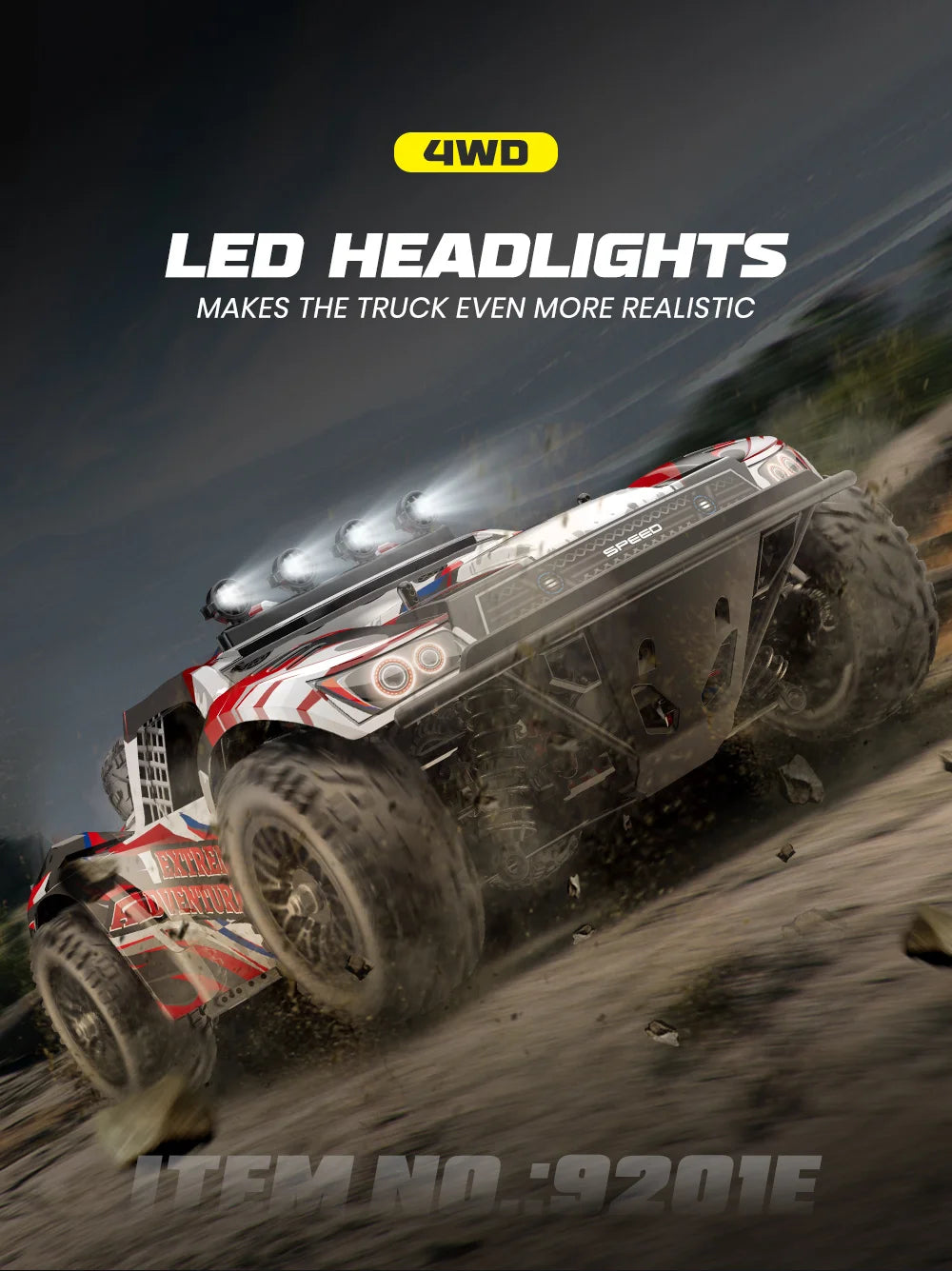 EONZE 9204E 1:10 RC Car – 48KM/H 4WD Drift Monster Truck with LED Lights and Hydraulic Shock Absorbers for Kids