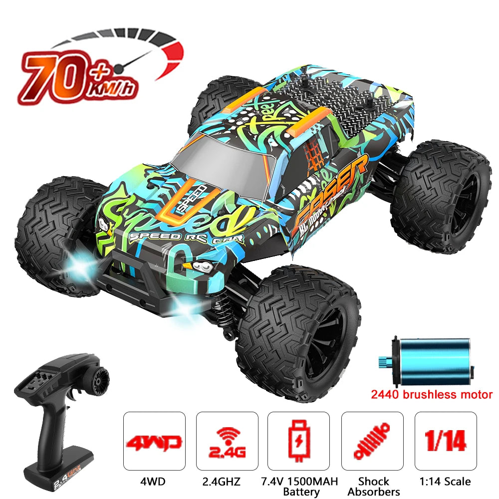 EONZE 001E/002E 1:14 Brushless RC Car – 70KM/H 4WD High-Speed Off-Road Monster Truck with 2.4G Remote Control vs WLtoys 144001