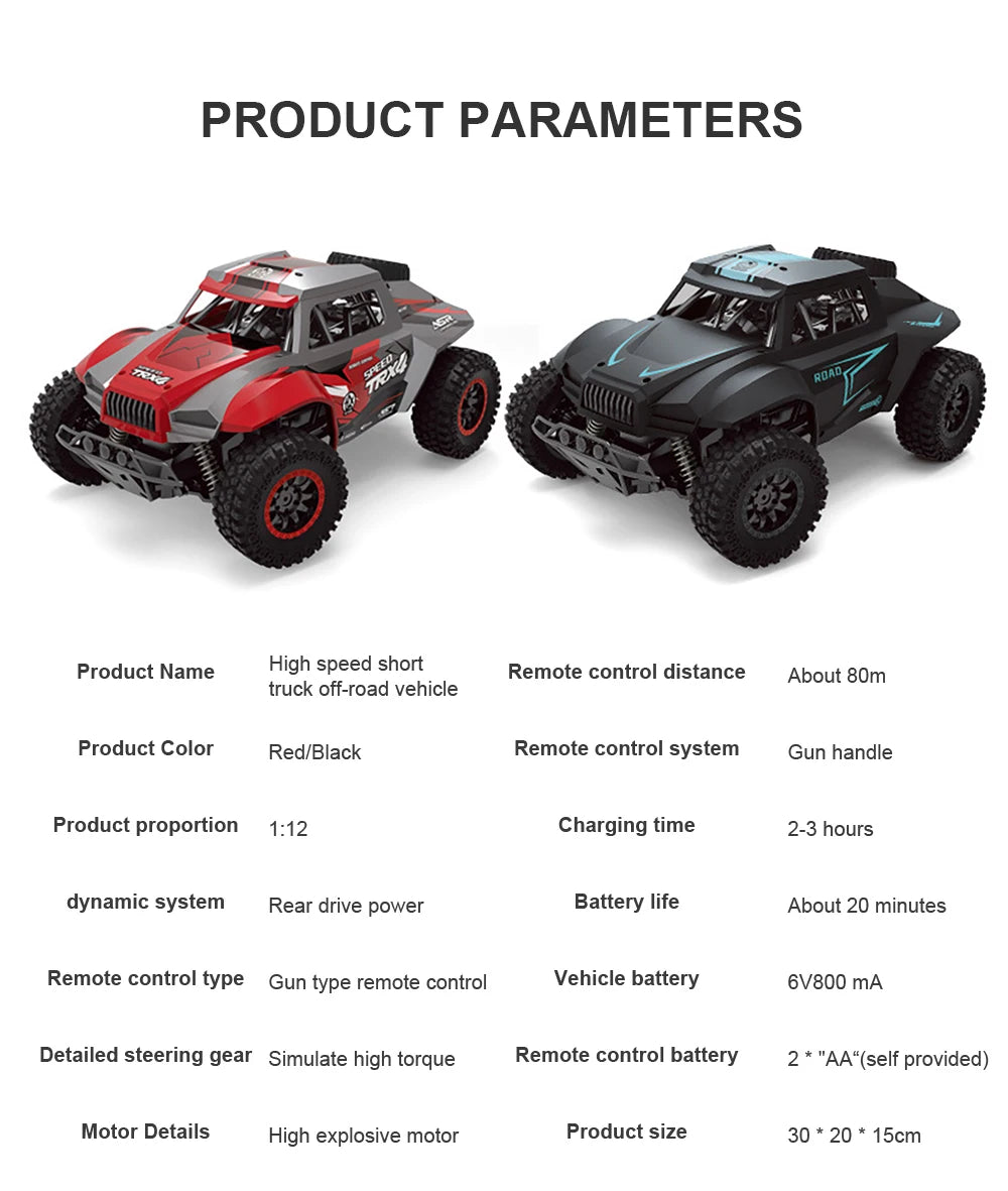 1:12 Scale RC Car – 2WD High-Speed All-Terrain Electric Toy with Rechargeable Battery for Kids and Adults