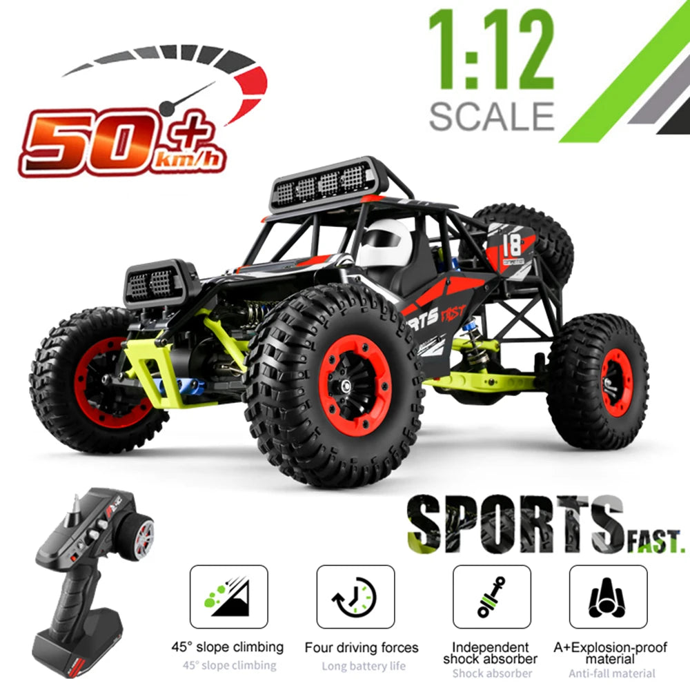 1:12 RC Car – 50KM/H 4WD High-Speed Monster Truck with 2.4G Remote Control, Off-Road Racing Buggy vs Wltoys 144001