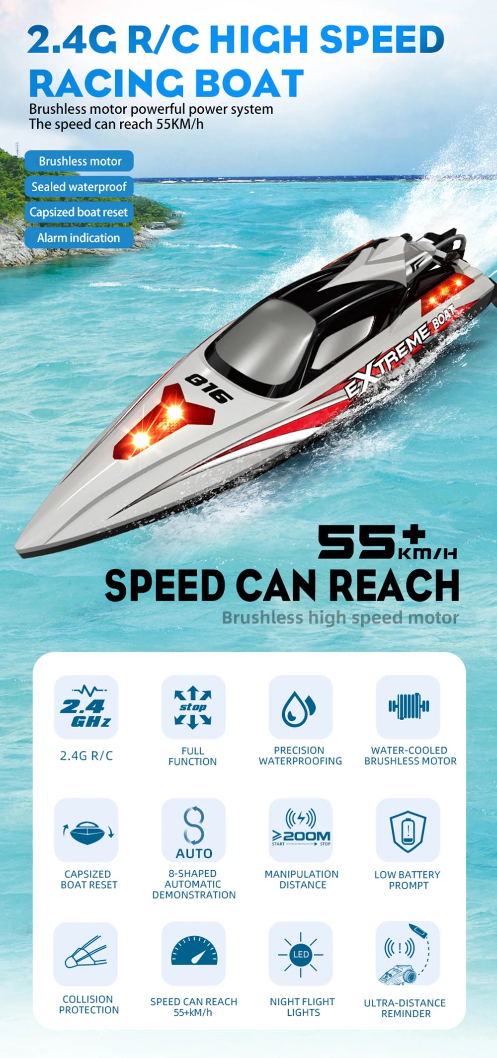 HJ816 High-Speed RC Boat – 2.4GHz Brushless Motor, 55KM/H Racing Model, Remote Control Speedboat vs WLtoys WL916