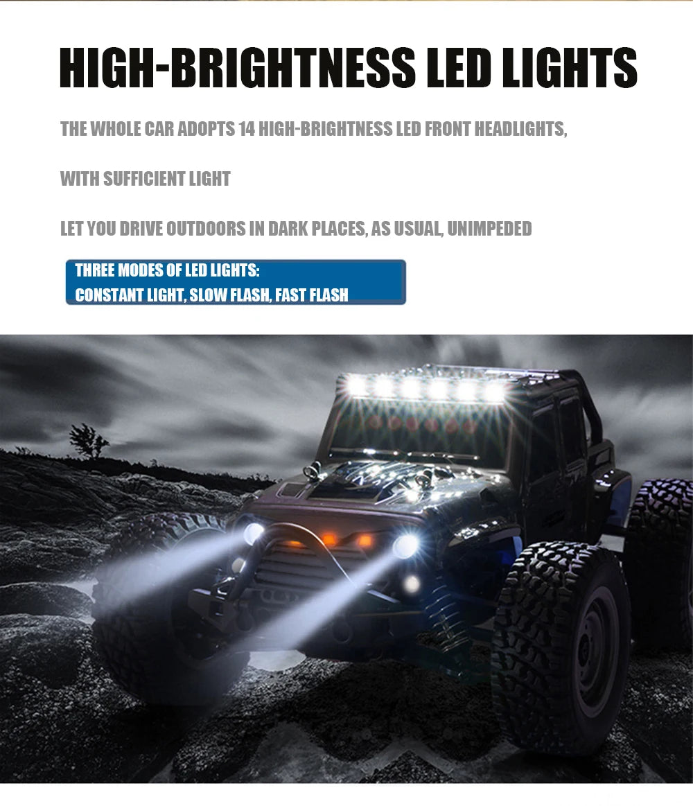 1:16 38KM/H RTR Version RC Car – 4WD High-Speed Off-Road Rock Crawler with LED Lights and 2.4G Remote Control