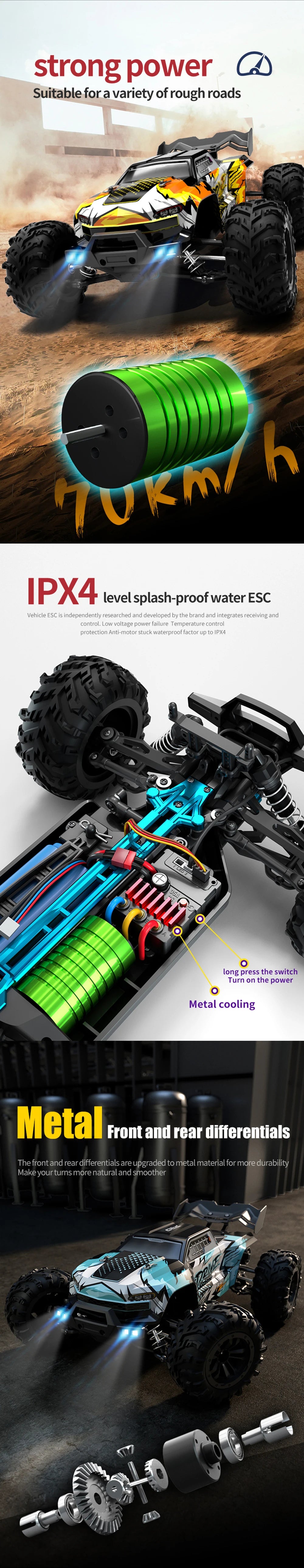 High-Speed 1:16 RC Car – 70KM/H 4WD Off-Road Car with LED Lights, 2.4G Radio Remote Control, Brushless Motor, for Kids