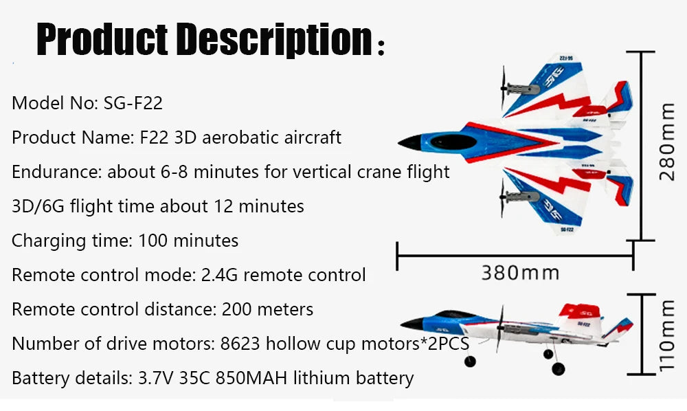 F22 RC Glider – 2.4G Radio Control 3D Stunt Plane, EPP Foam Airplane for Boys and Children