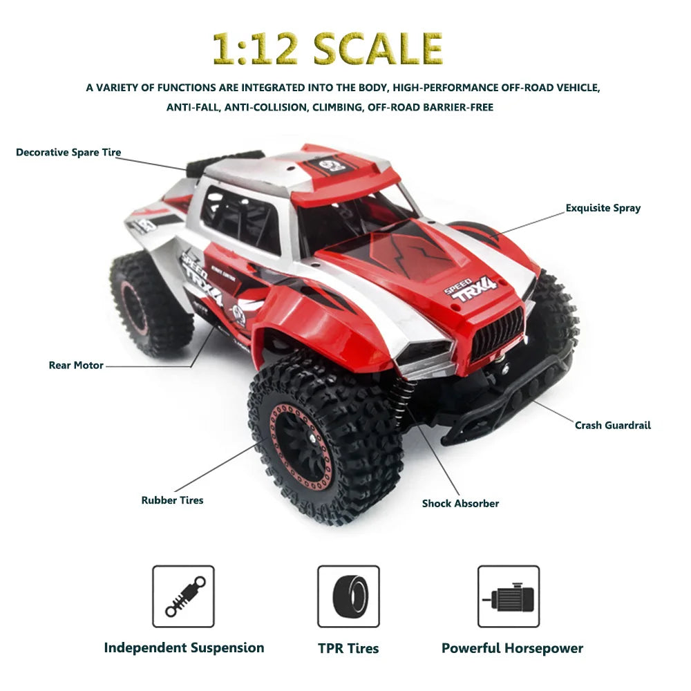 1:12 Scale RC Car – 2WD High-Speed All-Terrain Electric Toy with Rechargeable Battery for Kids and Adults