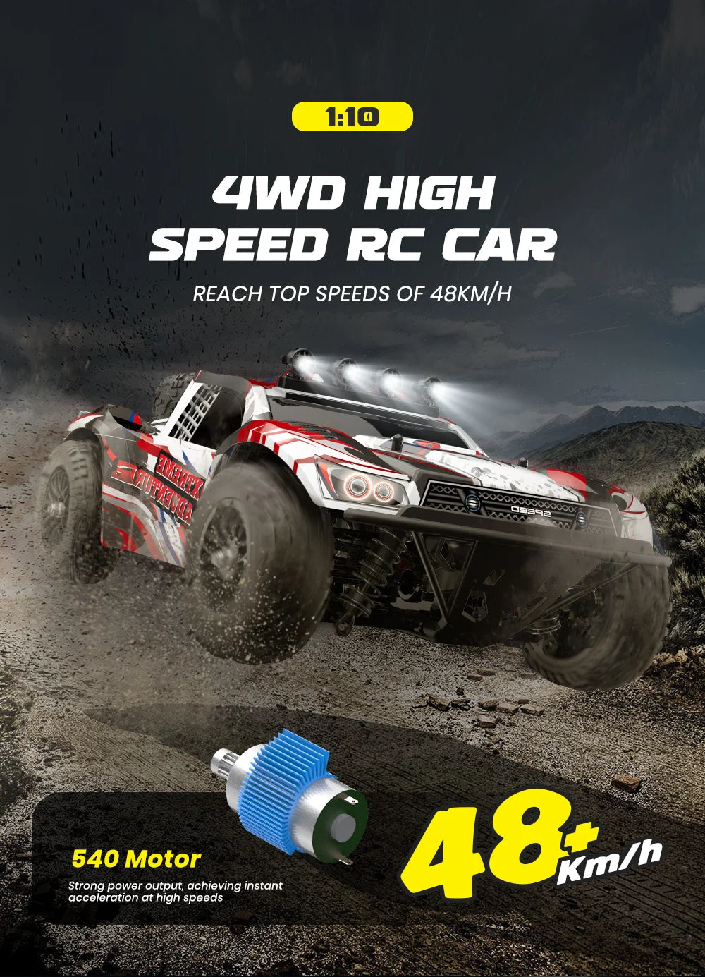 EONZE 9204E 1:10 RC Car – 48KM/H 4WD Drift Monster Truck with LED Lights and Hydraulic Shock Absorbers for Kids