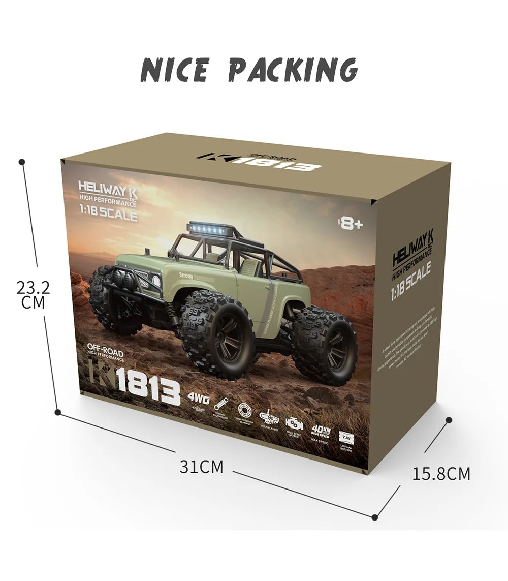 1:18 Scale Off-Road RC Car – 40KM/H High-Speed Rock Crawler with LED Lights, 4WD 2.4GHz Remote Control Monster Truck Toy