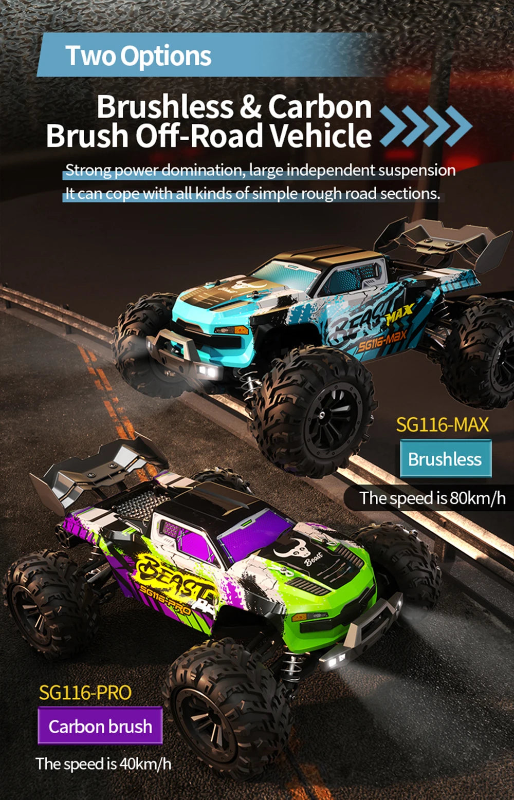 1:16 ZLL SG116MAX RC Car – 80KM/H 4WD High-Speed Off-Road Drift Monster Truck with LED Lights, Remote Control vs WLtoys 144001