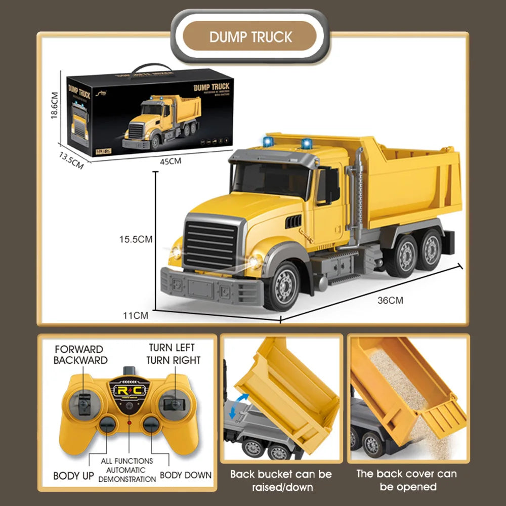 2.4G RC Car – Beach Toys for Kids with Remote Control Mixer, Dump Truck, Crane, and Excavator – Electric Car Gift