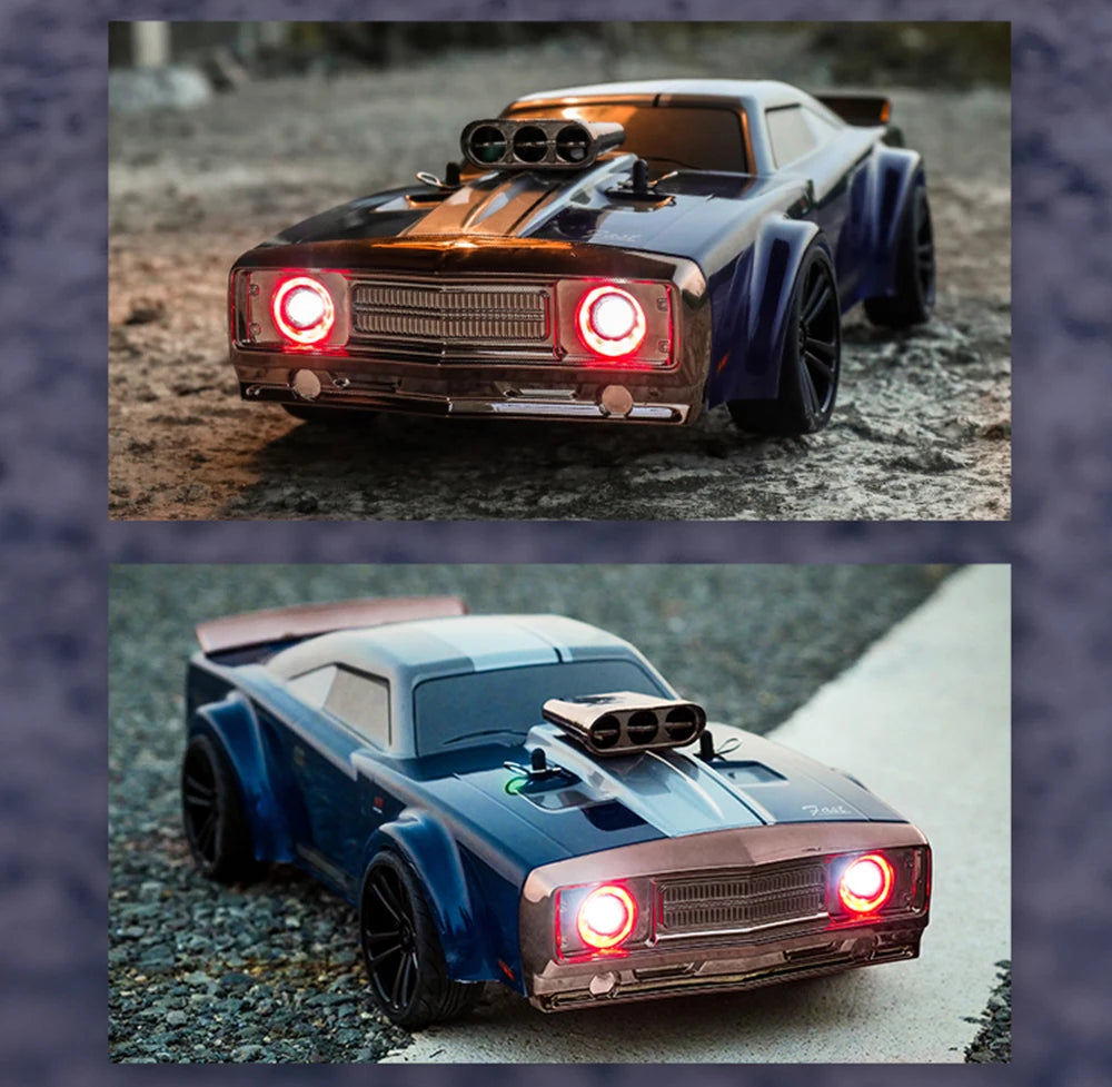 1:16 Scale 50KM/H RC Muscle Car – 4WD High-Speed Drift Racer with LED Lights for Kids