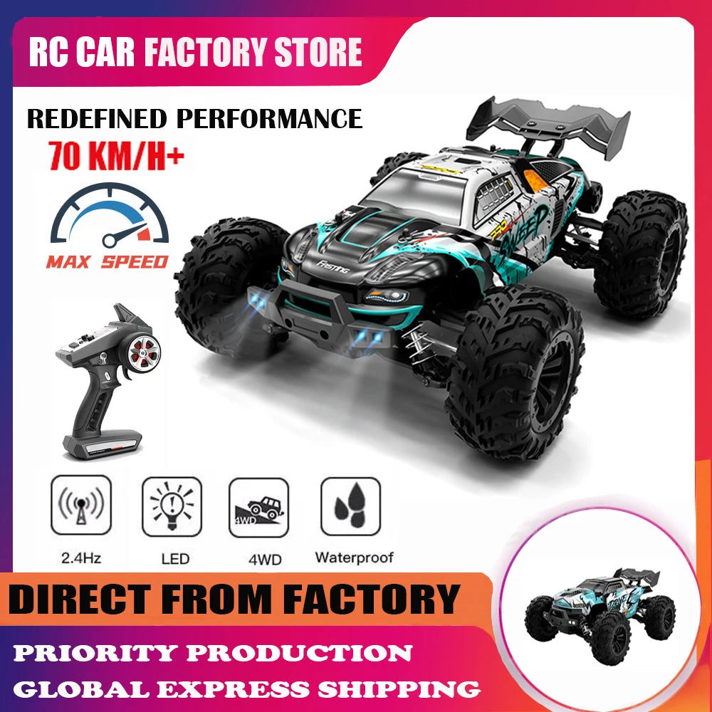 High-Speed 1:16 RC Car – 70KM/H 4WD Off-Road Car with LED Lights, 2.4G Radio Remote Control, Brushless Motor, for Kids