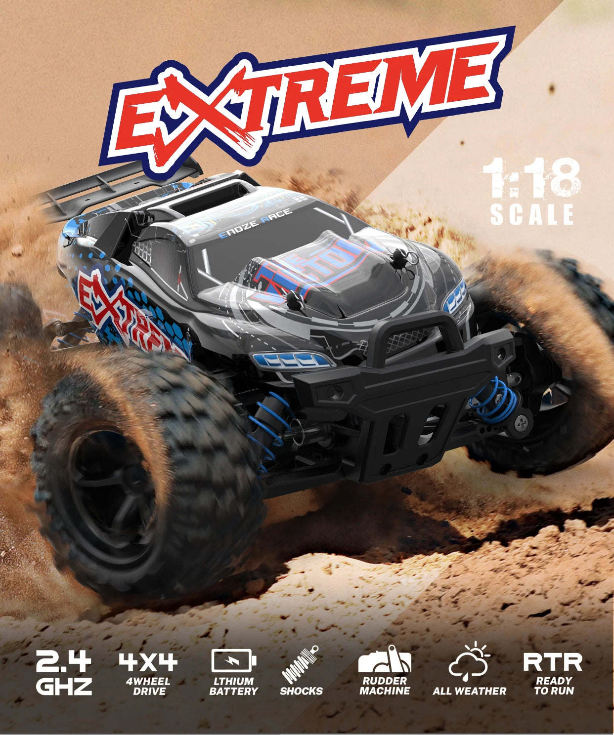 1:18 High-Speed RC Car – 40KM/H 4WD Off-Road Drift Monster Truck with 2.4G Radio Remote Control, Drift Car Toys for Boys