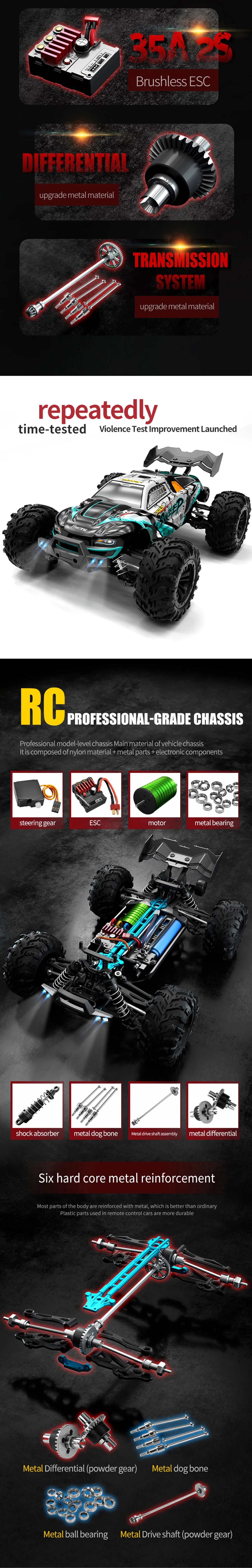 High-Speed 1:16 RC Car – 70KM/H 4WD Off-Road Car with LED Lights, 2.4G Radio Remote Control, Brushless Motor, for Kids