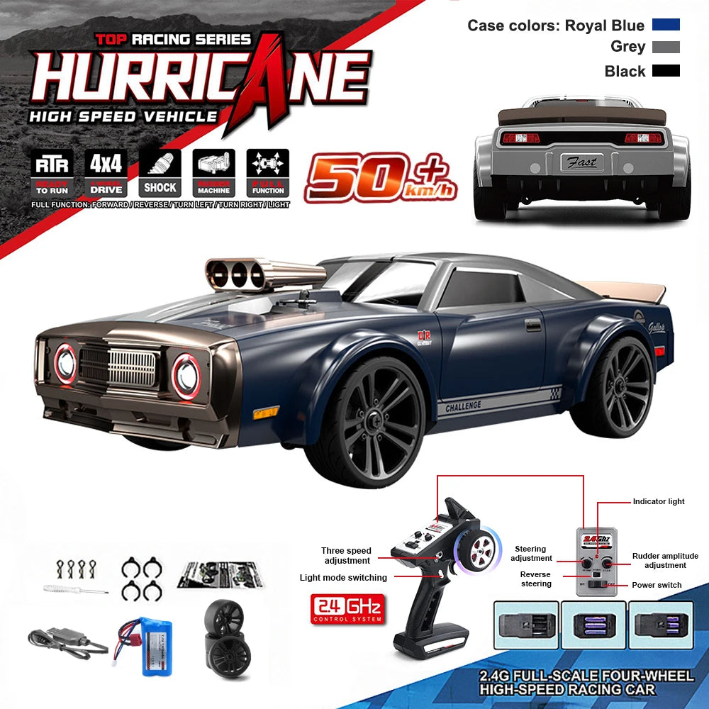 16303 1:16 RC Car – 50KM/H 4WD High-Speed Drift Muscle Car with LED Remote Control for Kids vs Wltoys 144001