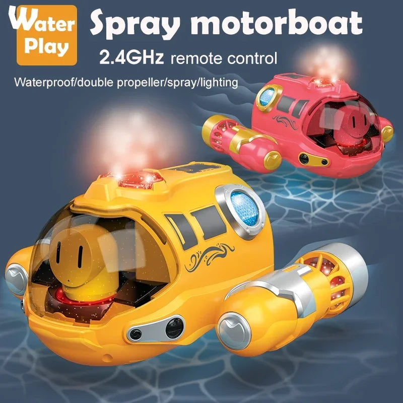 2.4G Mini RC Boat – Waterproof Electric Speedboat with Spray Light, Rechargeable Remote Control Toy for Children