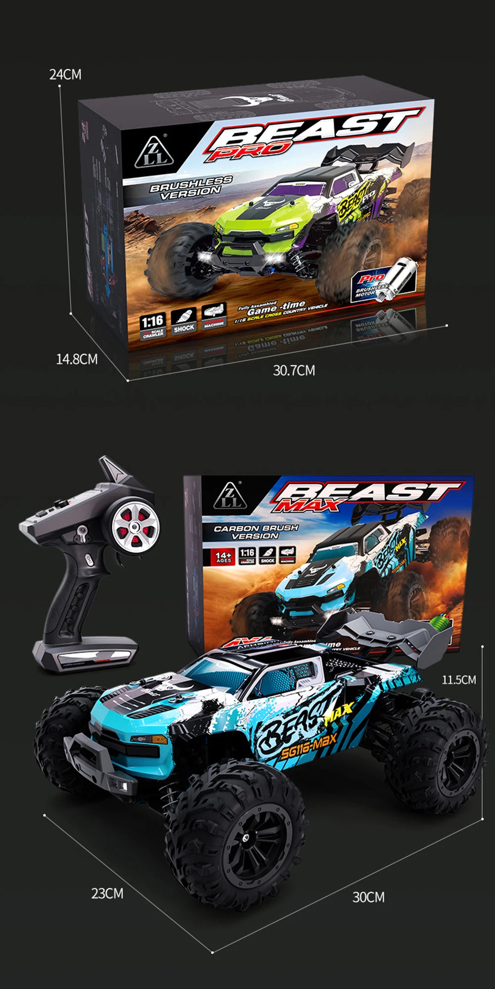 1:16 ZLL SG116MAX RC Car – 80KM/H 4WD High-Speed Off-Road Drift Monster Truck with LED Lights, Remote Control vs WLtoys 144001