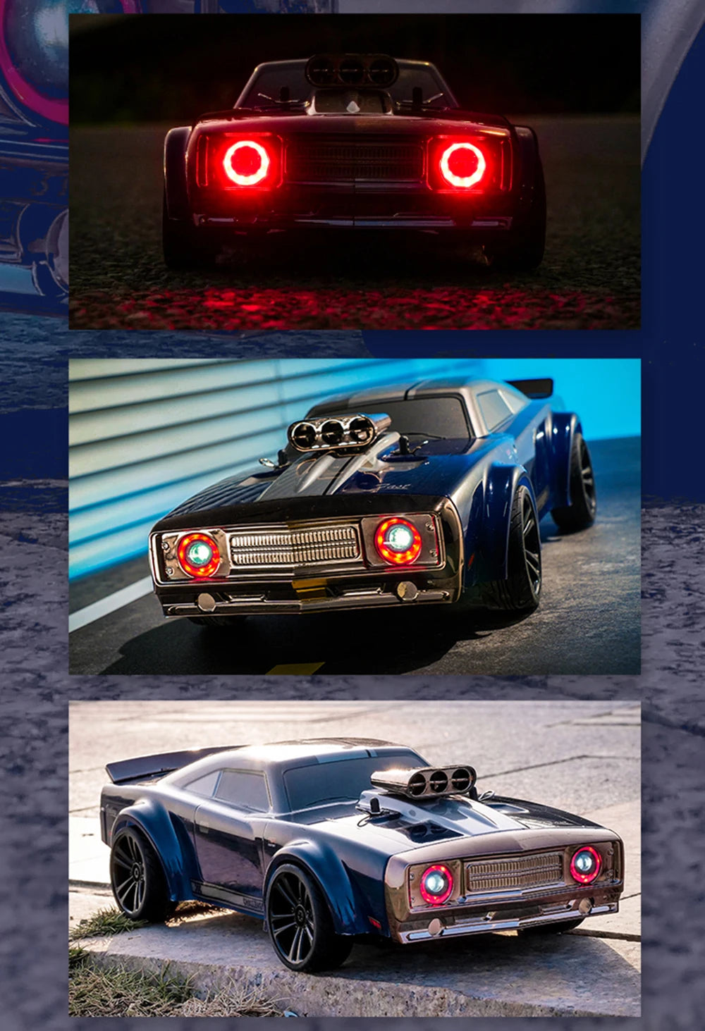 1:16 Scale 50KM/H RC Muscle Car – 4WD High-Speed Drift Racer with LED Lights for Kids