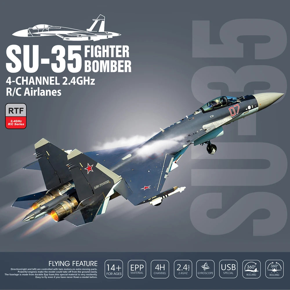 SU-35 RC Airplane – 52.5CM 2.4G Remote Control Glider with LED Lights, 6D Inverted Flight Stunts, EPP Foam Aircraft