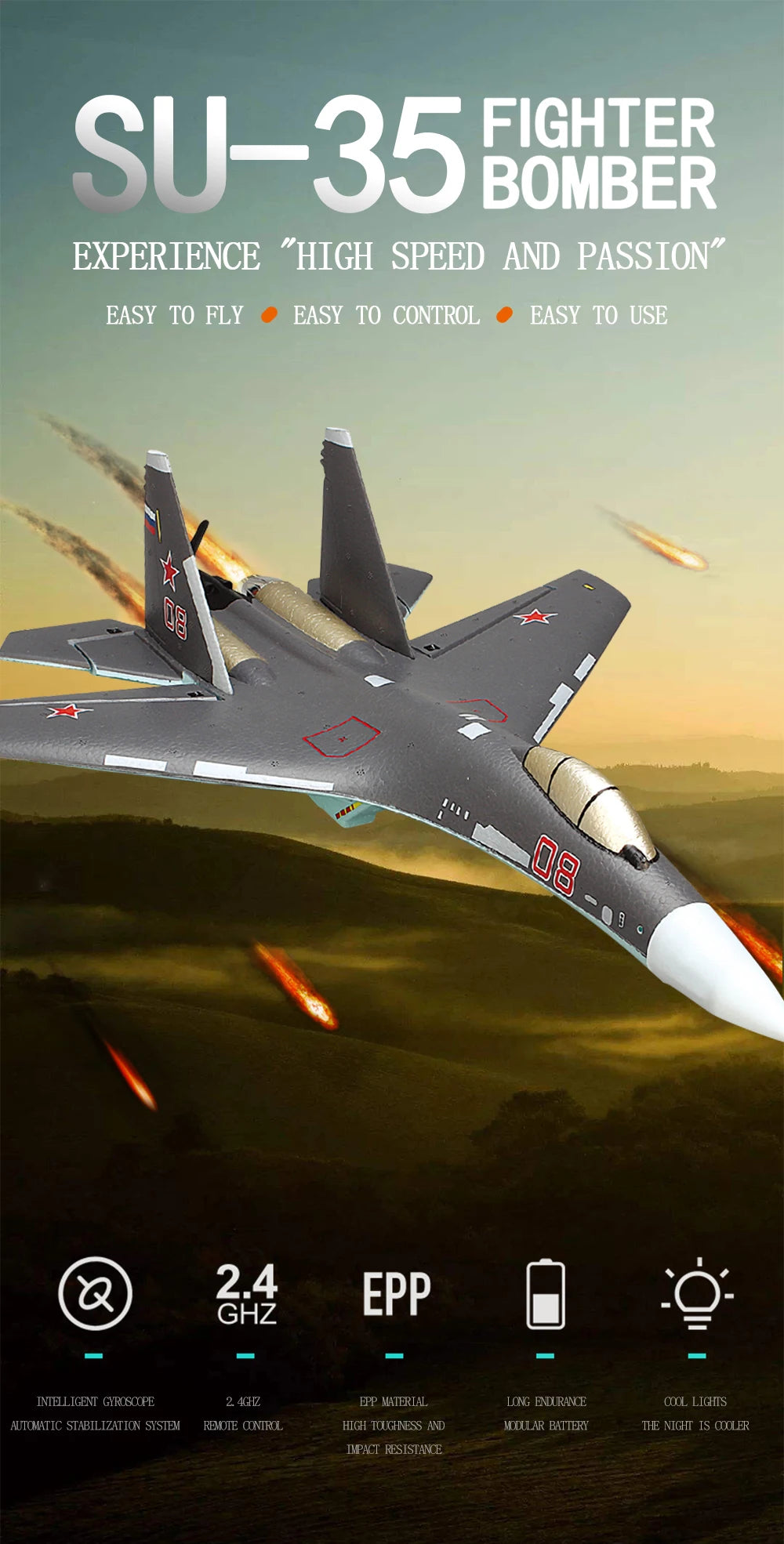 SU-35 RC Airplane – 52.5CM 2.4G Remote Control Glider with LED Lights, 6D Inverted Flight Stunts, EPP Foam Aircraft