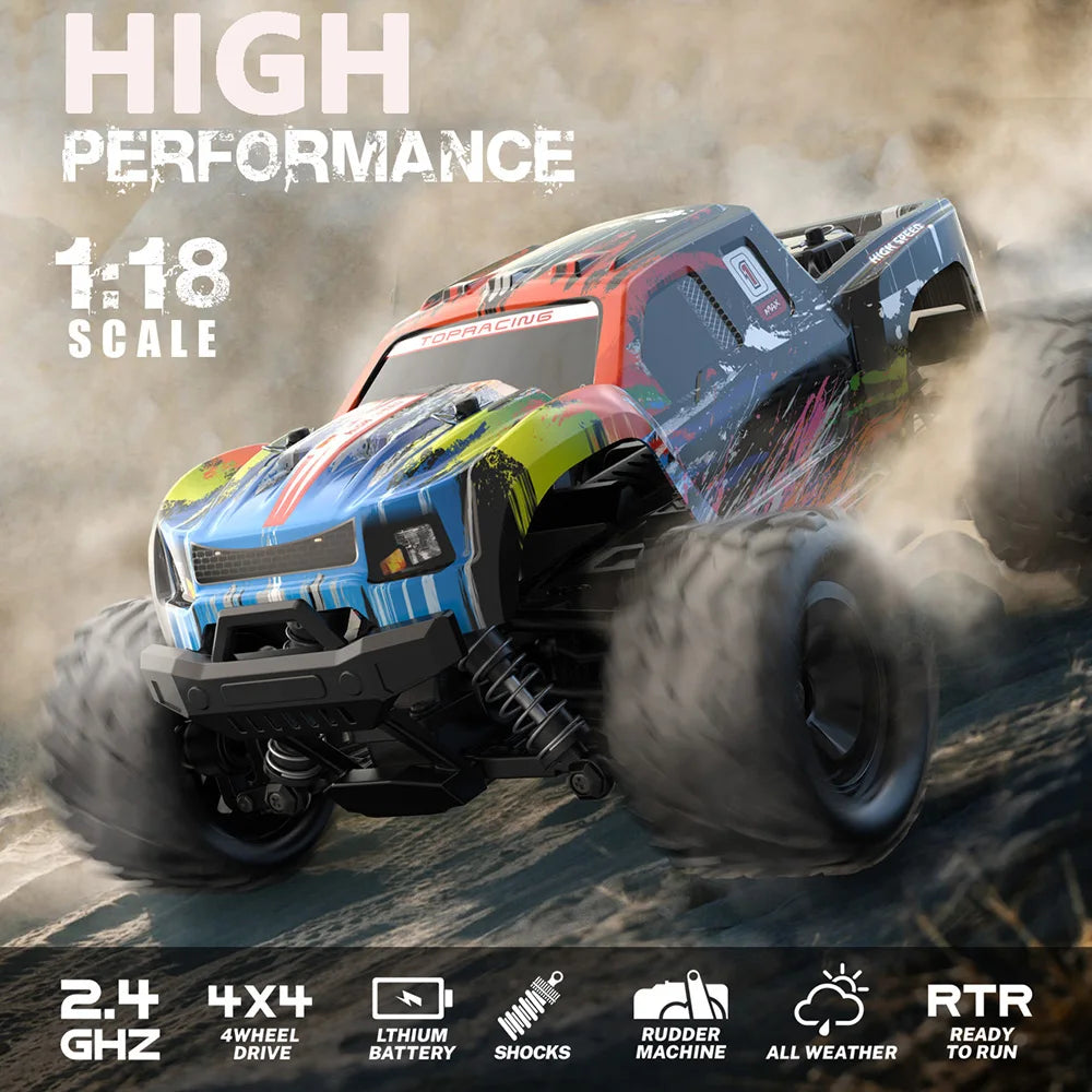 1/18 Scale RC Monster Trucks – 4WD Off-Road with 38KM/H High Speed and 2.4 GHz Remote Control All-Terrain Car Toys