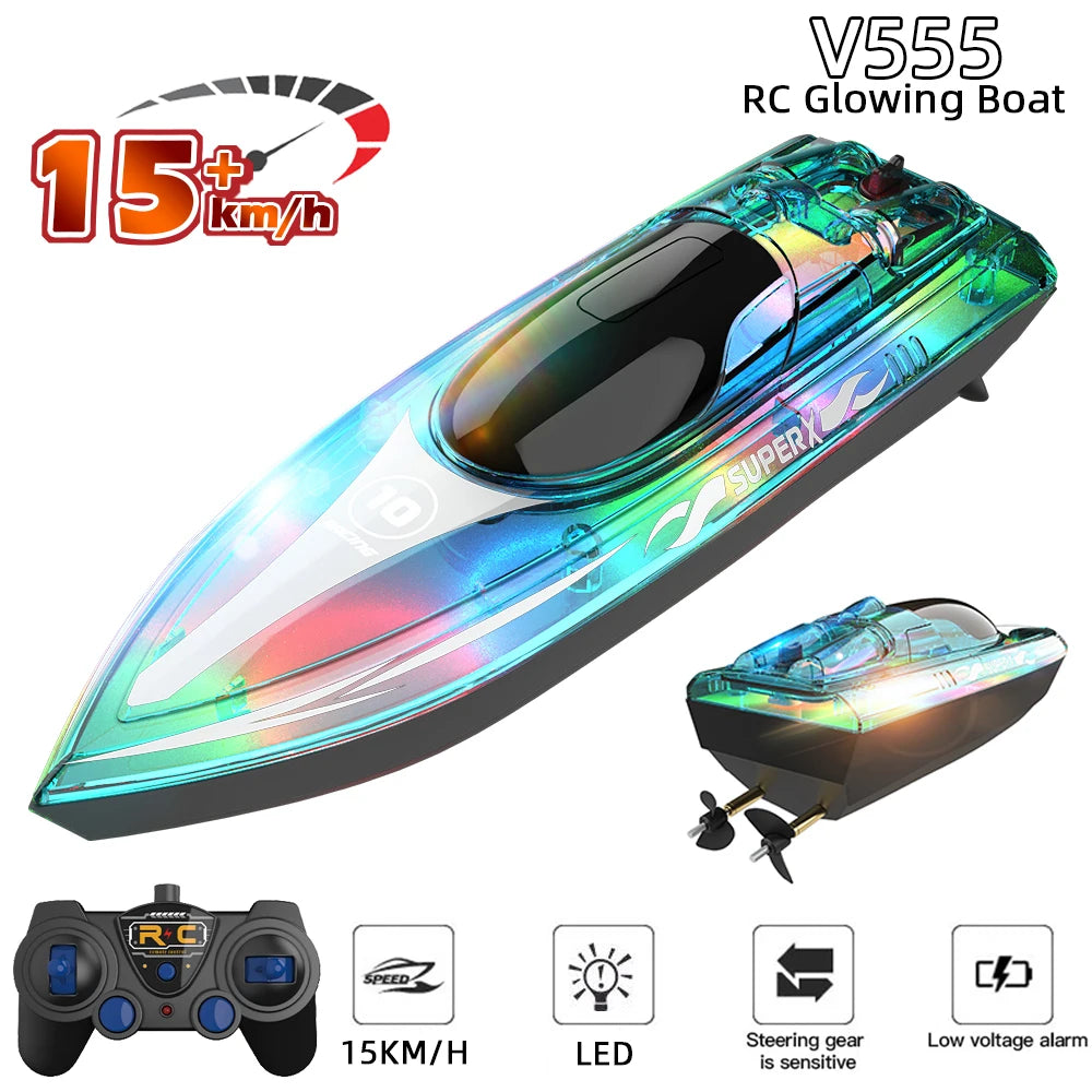 High-Speed V555 RC Boat – 2.4GHz 15KM/H Electric Racing Speedboat with LED Light, Remote Control Model vs WLtoys WL917