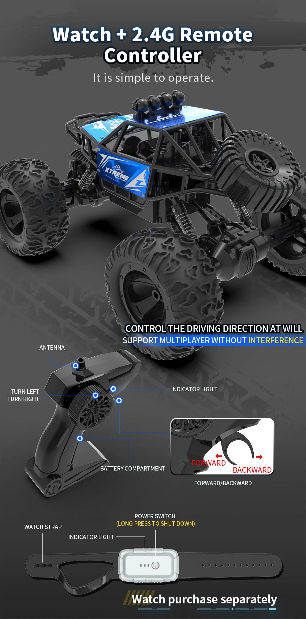 Q145 4WD RC Car – Off-Road Buggy with LED Lights and 2.4G Radio Remote Control, Perfect Toy for Boys and Children