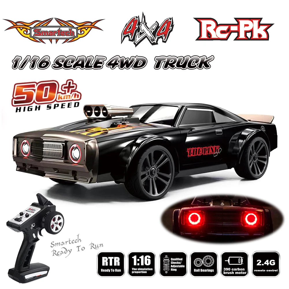 1:16 Scale 50KM/H RC Muscle Car – 4WD High-Speed Drift Racer with LED Lights for Kids