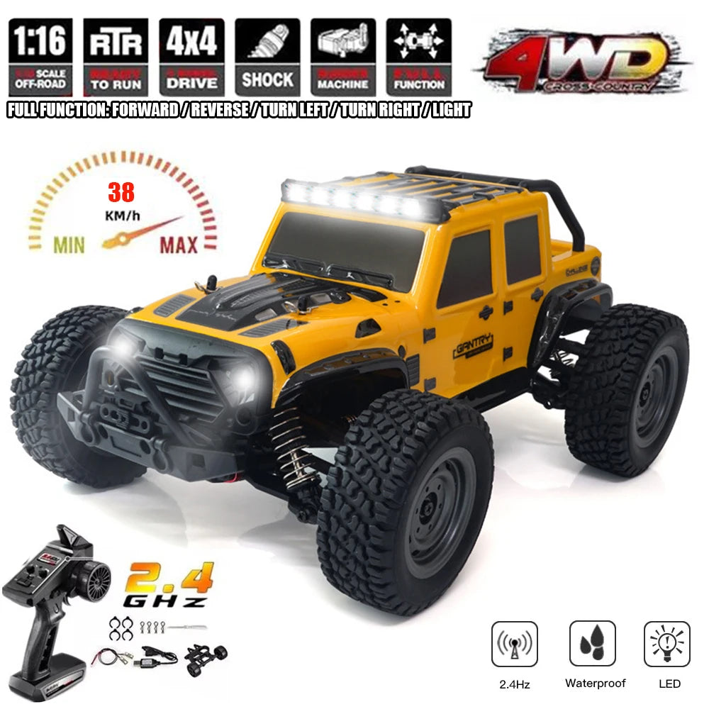 1:16 38KM/H RTR Version RC Car – 4WD High-Speed Off-Road Rock Crawler with LED Lights and 2.4G Remote Control