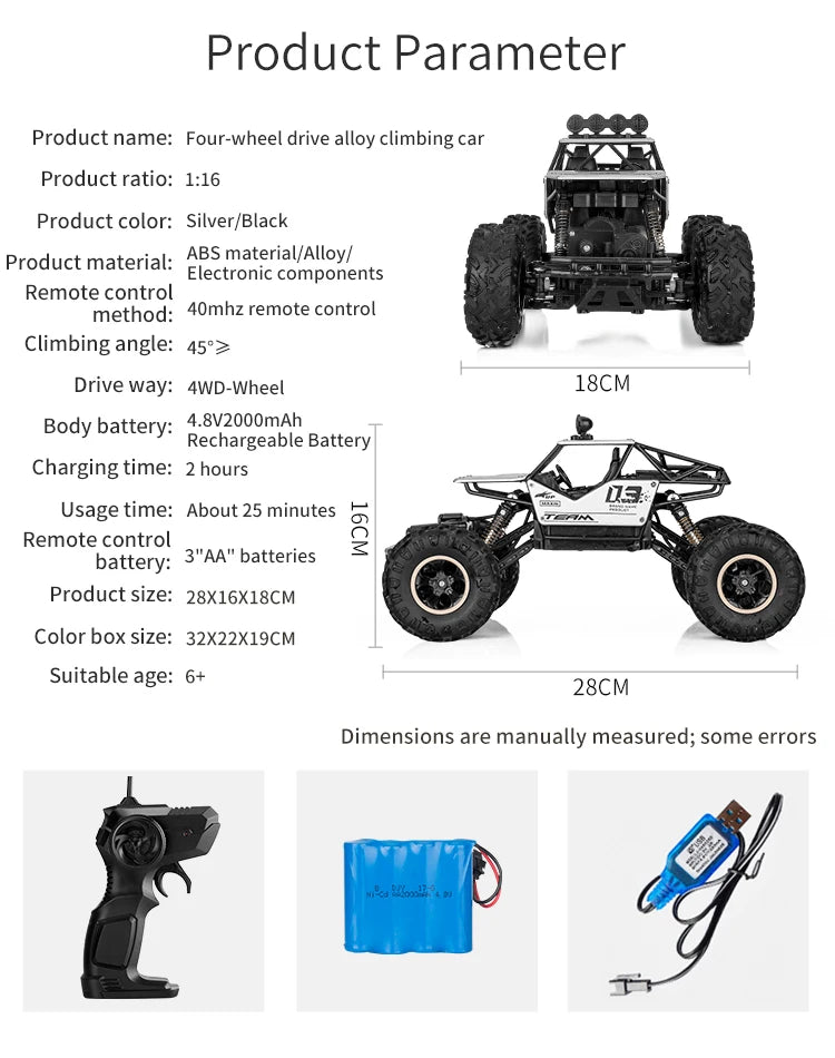 High-Performance 1:16 RC Rock Crawler – 4WD Off-Road Truck with LED Lights and Remote Control vs. WLtoys