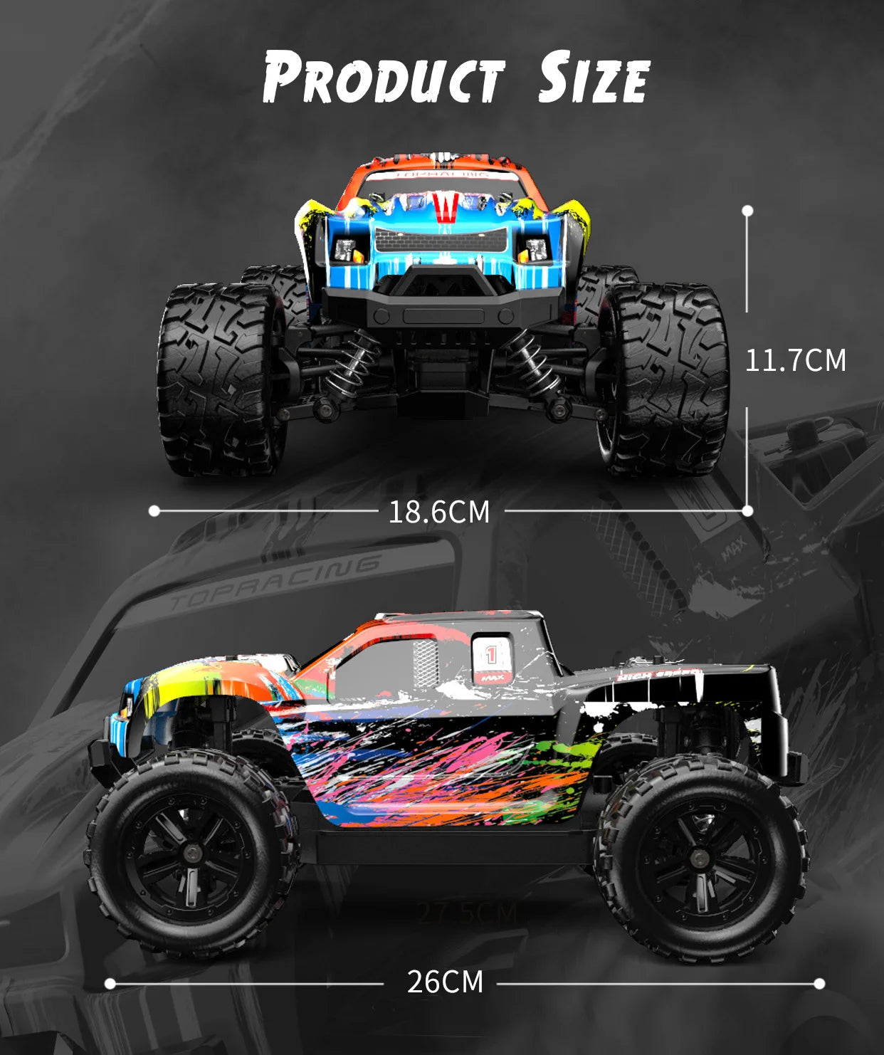 1/18 Scale RC Monster Trucks – 4WD Off-Road with 38KM/H High Speed and 2.4 GHz Remote Control All-Terrain Car Toys