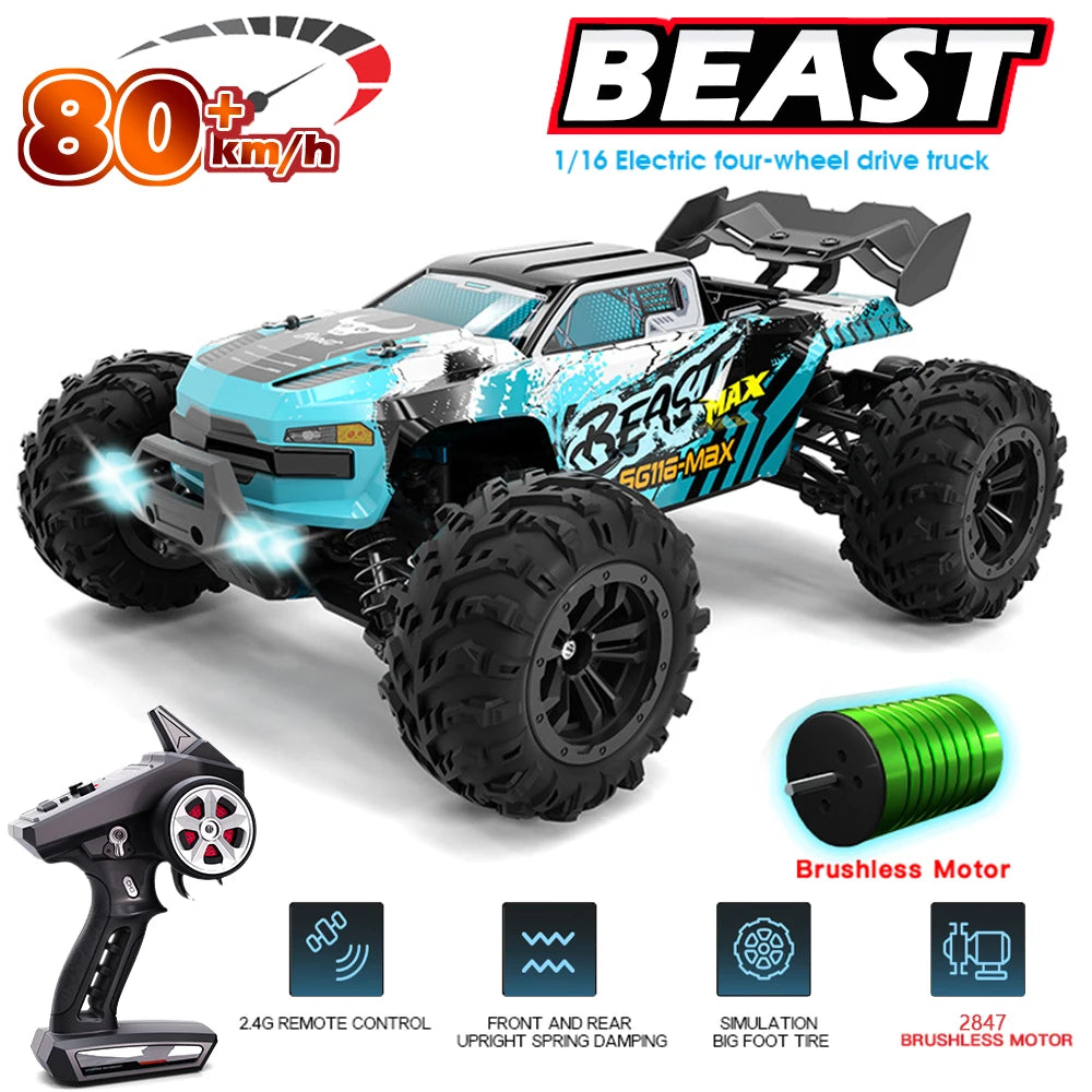 1:16 ZLL SG116MAX RC Car – 80KM/H 4WD High-Speed Off-Road Drift Monster Truck with LED Lights, Remote Control vs WLtoys 144001